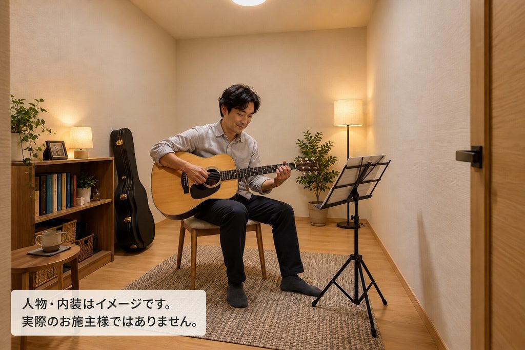 好きなことを楽しむ時間と場所を持てる。窓のない趣味室で、男性がギターを楽しむ暮らしのイメージ