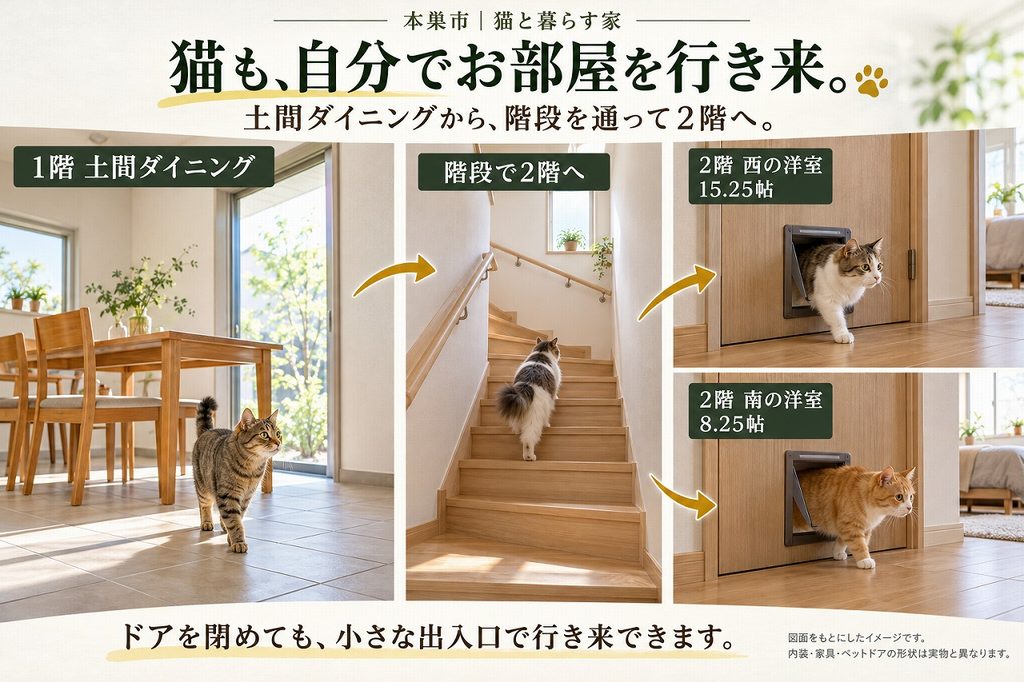 猫用の出入口と階段を使い、部屋を行き来する暮らしのイメージ
