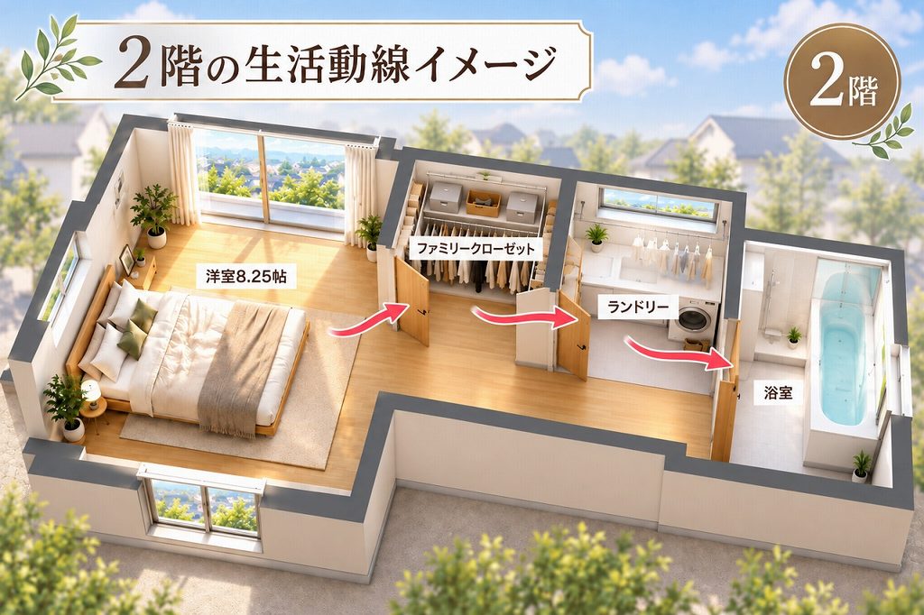 洗濯物を運んで片付ける手間を減らせる。2階に洗濯・収納・浴室をまとめた暮らしのイメージ