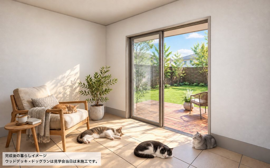 猫用の出入口と階段を使い、部屋を行き来する暮らしのイメージ